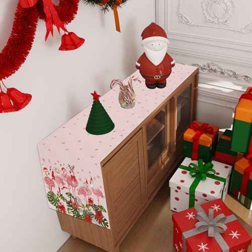 Linen Pink Hawaiian Tropical Flamingo Christmas Table Runner 72 Inches Long Hawaii Beach Christmas Xmas Winter Holiday Home Kitchen Table Decorations