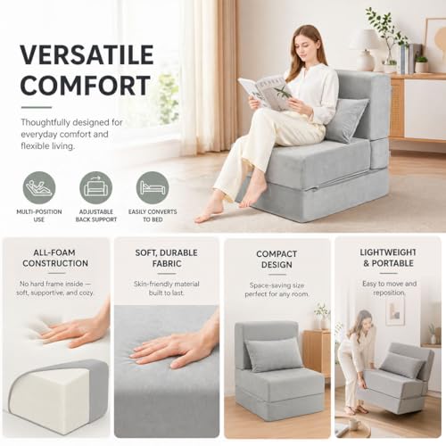 TokSay Grey Folding Sofa Bed 26.7in Convertible Sleeper Chair No Assembly