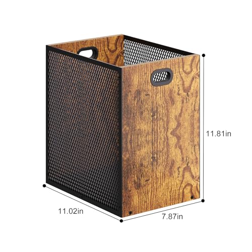 Large 2-Pack Retro Industrial Trash Cans - Iron & Wood Wastebaskets with Handles