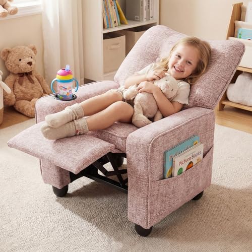 Pink Velvet Kids Recliner with Adjustable Backrest & Footrest, Cup Holder & Side Pockets