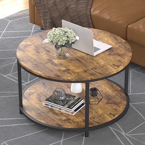 NSdirect Small Round Coffee Table 27.6-Inch 2-Tier Rustic Wood Home Furniture Brown Variation