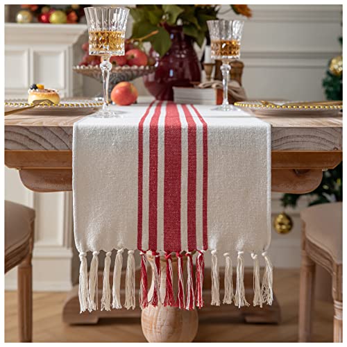 Caflife Christmas Table Runner 13x108 Inch Red Beige Boho Decor with Tassels - Holiday & Winter Dining Accessory