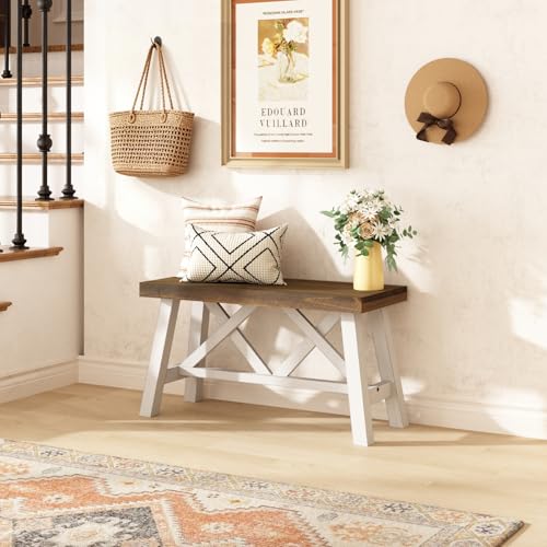 Wnutrees 30-inch White Farmhouse Solid Wood Entryway Bench, Rustic Style