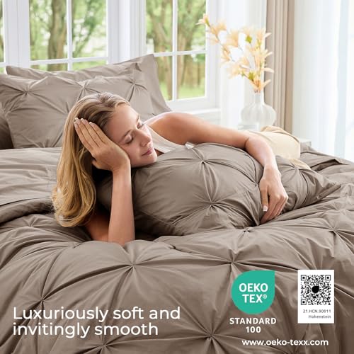 Oversized King Comforter Set with Geometric Pintuck Design - Dark Linen, 7 Pieces