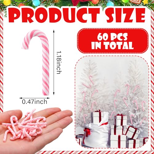 Giegxin 60 Pcs Christmas Mini Candy Canes for Crafts Plastic Candy Cane Ornaments Charms Decor Christmas Miniatures for Craft for Tree Hanging DIY Xmas (Pink and White)