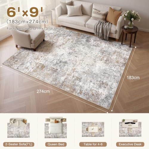 6x9 Brown Grey Washable Abstract Area Rug - Soft Non-Slip Indoor Floor Carpet for Living Room & Bedroom