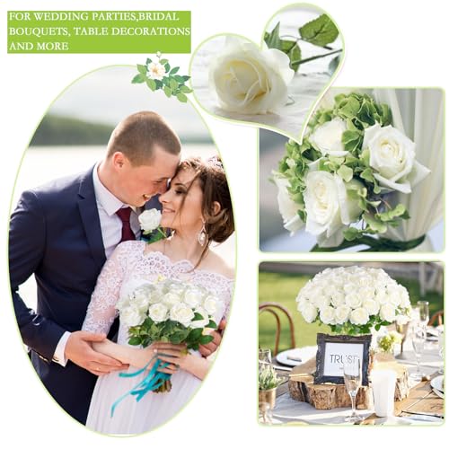 Artificial Roses Bulk 50 White Silk Flowers for DIY Decor - Long Stems