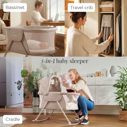 Baby Travel Bassinet - 3-in-1 Folding Cradle with Mesh Sides & Mosquito Net - Beige