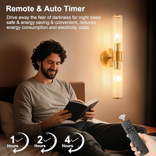 Gold Battery Operated Wall Sconces Set of Two Dimmable Rechargeable Lighting with Remote