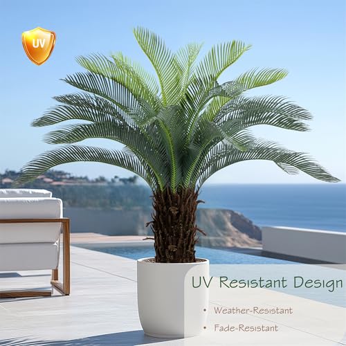 4ft UV-Resistant Faux Sago Palm Tree with Natural Bark & Lifelike Leaves for Indoor Outdoor Decor