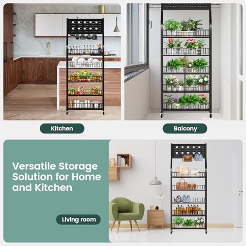 60cm Black Metal Snack Display Rack with Hooks & Wheels - 5 Tiers for Store & Home