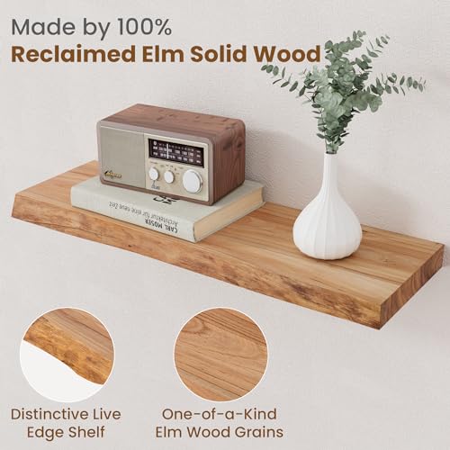 FlyJoe Live Edge Floating Shelves Set of 2 - 24 Inch Natural Elm Wall Decor