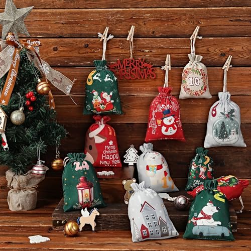 Gmngis Christmas Burlap Treat Bags 2025 - 24 Pack Holiday Gift Bags with Drawstrings
