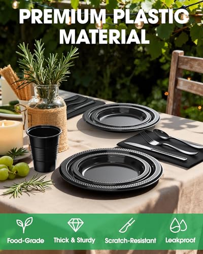 Black Plastic Plates Set 350 Pcs for 50 Guests - 9.0 Inch Dinnerware