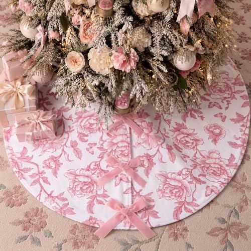 Syhood 30'' Pink Chinoiserie Velvet Christmas Tree Skirt with Bow