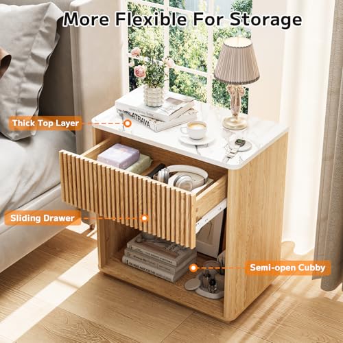 Oak Fluted Nightstand Set of 2 with Marble Top & Drawer - Modern Bedside Tables