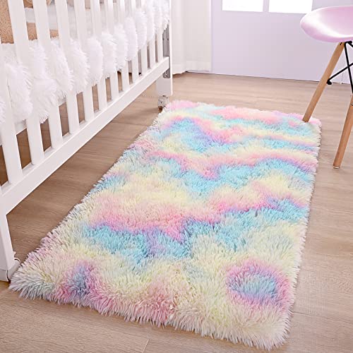 AROGAN Soft Rainbow Area Rugs for Girls Room 2x4 Feet, Fluffy Girls Bedroom Rugs, Princess Rug, Cute Colorful Carpet for Kids Teens Nursery Toddler, Pink