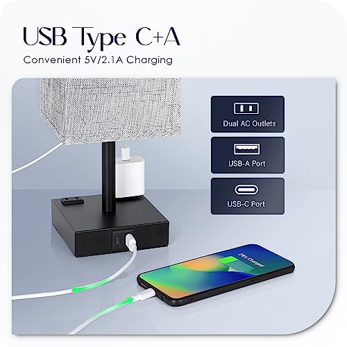 Gray Bedside Table Lamps Set of 2 with USB C+A Charging Ports & Dimmable Touch Control