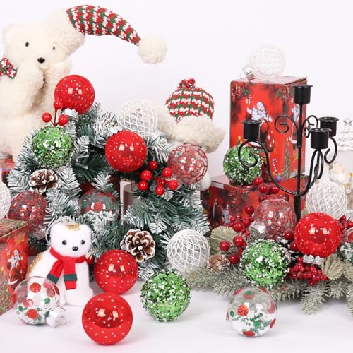JIALEIXI 25Pcs Christmas Ornaments Set Red/Green/White - 2.36in Shatterproof Plastic Ball Decorations