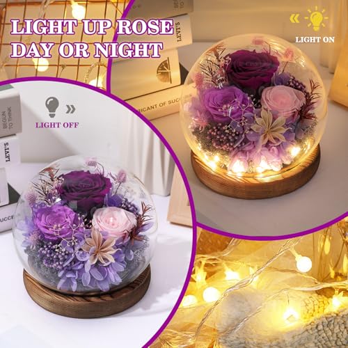 FIACO Preserved Purple Rose in Glass Dome - Eternal Flower Gift for Mom Women Wife