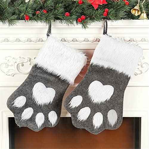 SherryDC Dog Cat Paw Christmas Stockings, Plush Hanging Socks for Holiday and Christmas Decorations (Large/18in, white-grey)