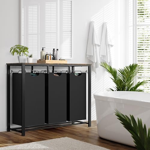 Laundry Sorter with Tabletop Shelf - 3-Section Fabric Hampers, Rustic Brown