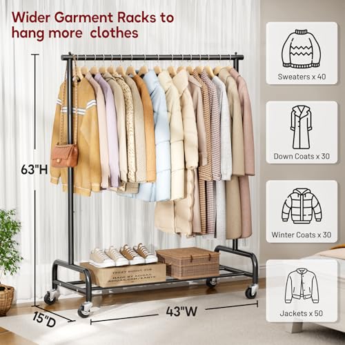 Heavy Duty Rolling Clothing Rack - 43-Inch Wide Garment Rack with Wheels, Black, Single Rod