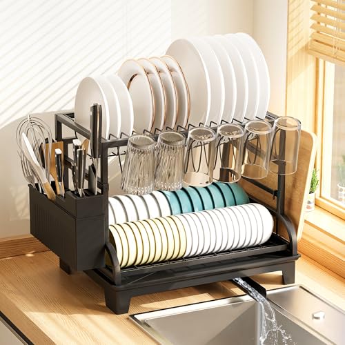 Foldable 2-Tier Dish Drying Rack with Drainboard - Black Kitchen Organizer