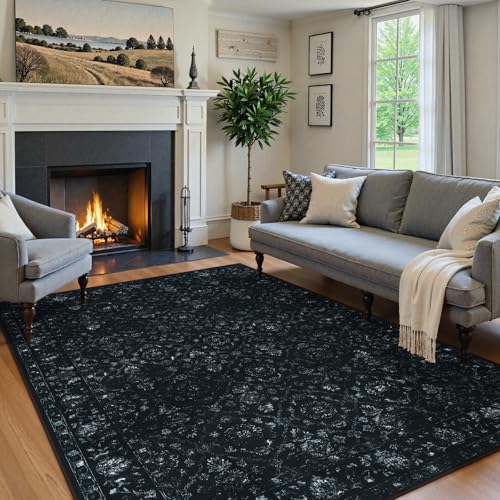 Hedlive Vintage Black Rug for Bedroom, Non Slip Washable Area Rugs