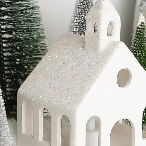 Christmas Village Set with 5 Lighted Ceramic Houses & 9 Mini Trees - Farmhouse Holiday Decor