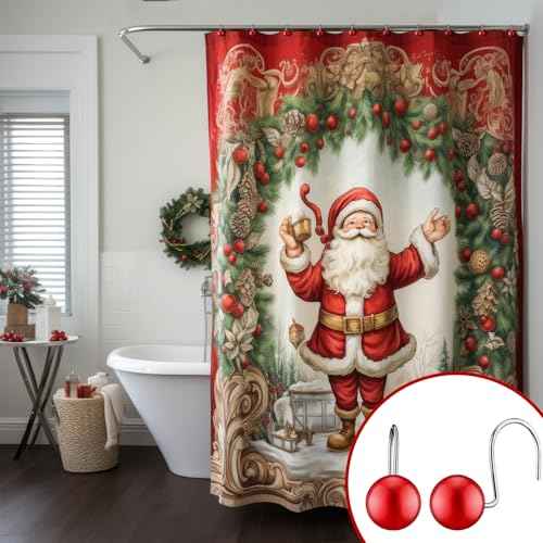 12 Pcs Christmas Ball Shower Curtain Hooks Ball Ornament Shower Christmas Curtain Rings Holiday Hooks Decorative Holiday Bathroom Accessories for Winter Bathroom Decoration(Red)