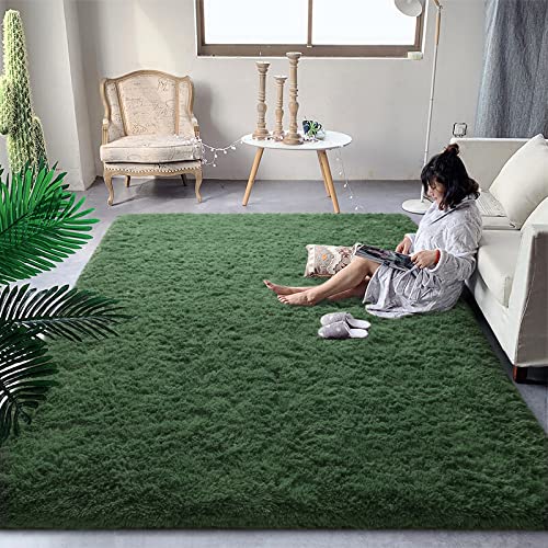 Dark Green 8x10 Plush Shaggy Rug for Living Room & Bedroom - Non-Slip, Machine Washable