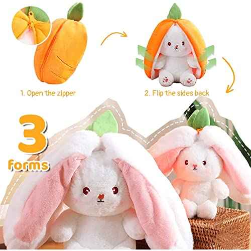 2PCS Plush Toy Pillow, Reversible Carrot Strawberry Bunny Plush with Zipper, Easter Bunny Stuffed Animal Cute Rabbit Plushie Birthday Gift for Boys Girls Kids (2pcs 7" Strawberry&Carrot)