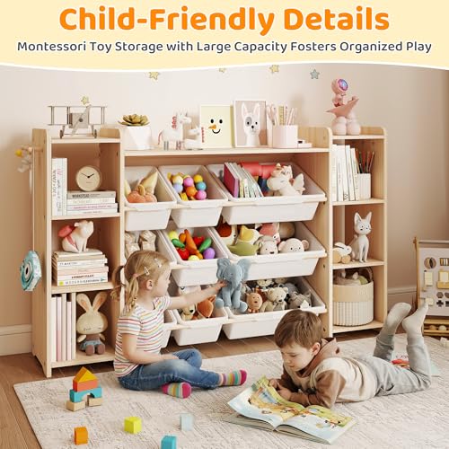 GITAWUSA White Toy Storage Organizer with 6 Shelves, 9 Bins & 6 Hooks - 57"W Kids Bookcase & Playroom Storage