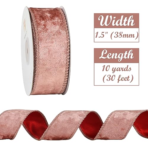 Rose Gold Velvet Wired Ribbon 1.5 Inch x 10 Yards for Gift Wrapping & Holiday Decor