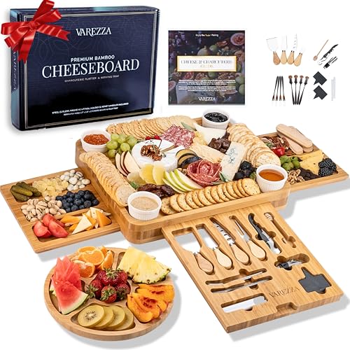 Charcuterie Boards Set - Large Bamboo Cheese Board & Platter with Accessories - Cheese Board Variation