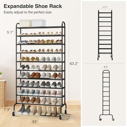 STO Expandable Shoe Rack, 10-Tier Metal Tall Rack for Garage, Up to