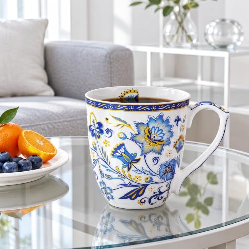 LanHong Blue Floral 14oz Bone China Coffee Mug with Handle - Daily Tea & Coffee Cup