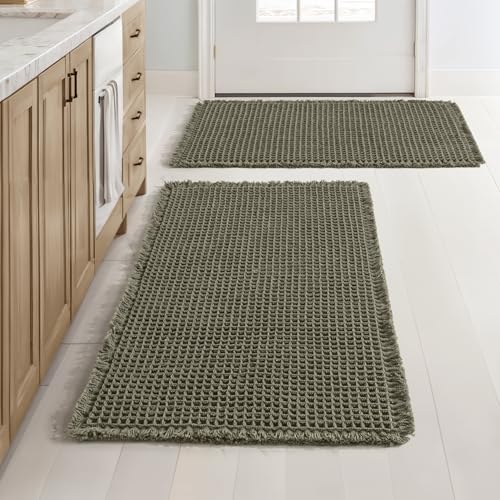 MIULEE Green Waffle Bathroom Rugs Set of 2, 18x30 Inch Non-Slip Bath Mats