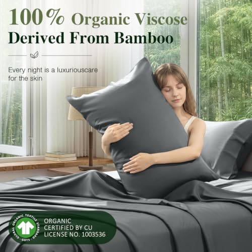 Queen Organic Bamboo Viscose Bed Sheets Set with Deep Side Pockets - Dark Grey, 16" Fit