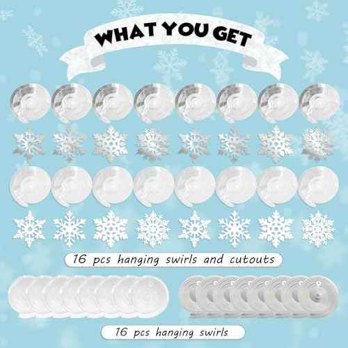 32 Pcs Snowflake Hanging Swirls Party Decoration - Christmas Winter Wonderland Ceiling Decor White Silver Snowflake Ornaments Garland for Winter Holiday Party Decorative Frozen Theme Party Supplies