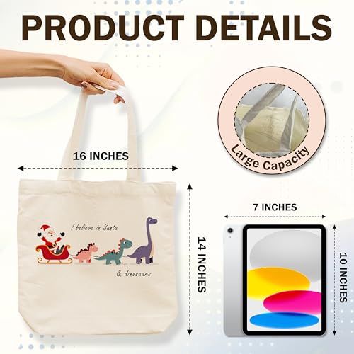 Christmas Canvas Tote Bag with Santa and Dinosaur Design - Reusable Holiday Gift Bag for Women