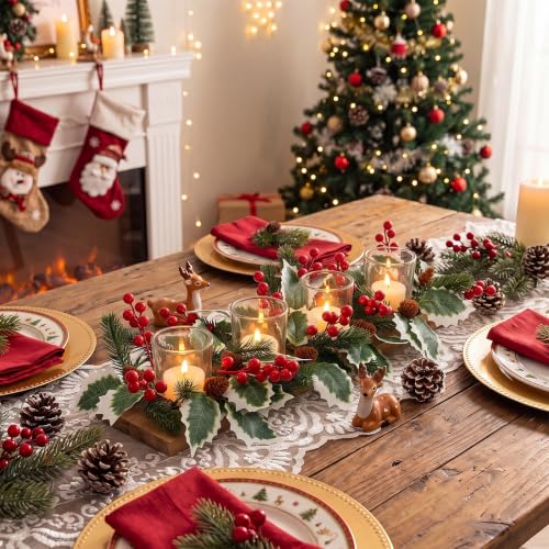 Qunclay Holly Christmas Candle Holder Set - 4 Wreaths & Glass Tea Light Holders