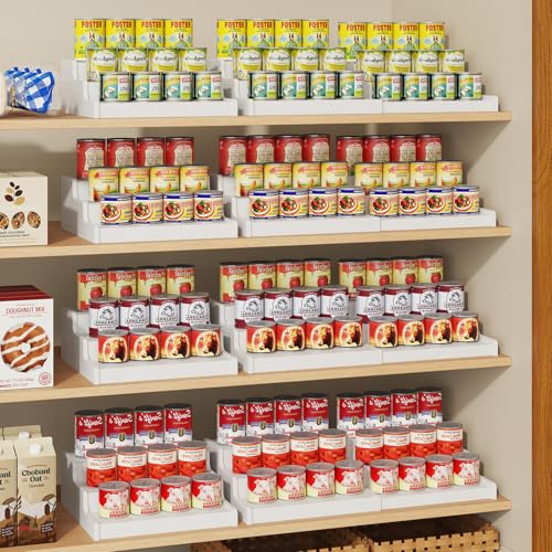 Expandable 3-Tier Bamboo Can Organizer for Pantry - Fits 24 Cans, White, 12.4-24"