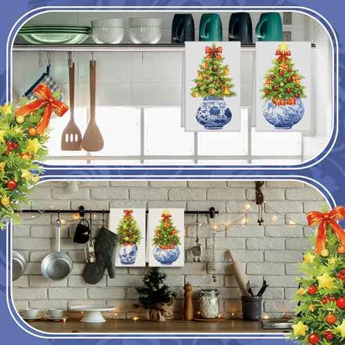 Macarrie 4 Pcs Chinoiserie Kitchen Towels 24" x 16" Blue and White Dish Hand Towels Porcelain Tea Towels Dishcloths Kitchen Bathroom Decor Spring Holiday Housewarming Gift