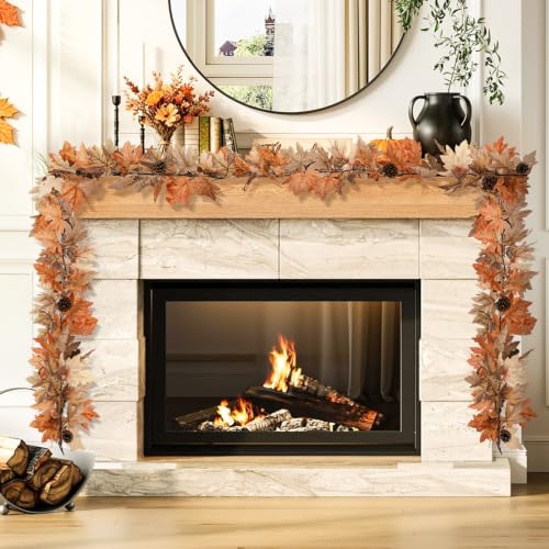 Fall Garland with Lights & Timer - 6 Ft Autumn Decor, 2 Pack
