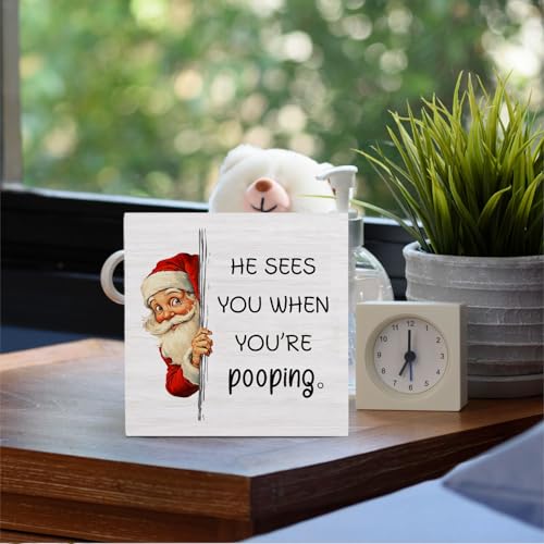 HYKDFMNCJ 028 Funny Christmas Santa Bathroom Box Sign 5x5 in – Desk Decor
