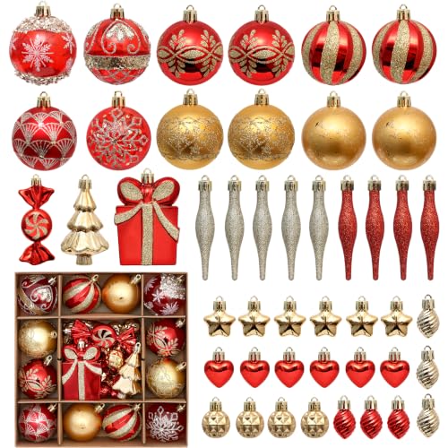 PurpleSwan 46Pcs Gold & Red Christmas Ornaments Set for Tree & Wreath - Red/Gold