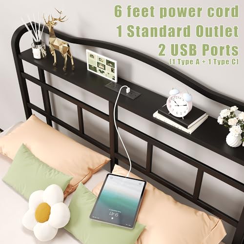 Twin Metal Bed Frame with Headboard & Charging Station - 18 Inch Heavy Duty Platform Bed