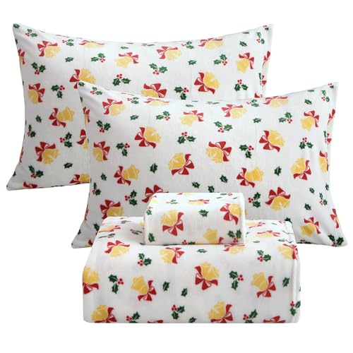 Softan Christmas Bell Twin Fleece Sheets Set - Cozy Flannel-Like Holiday Bedding